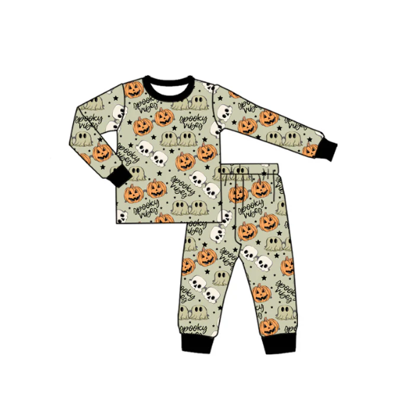 7.30y (moq 5)Baby Boys Green Long Sleeves Ghost Pumpkins Top Pant Pajamas Set