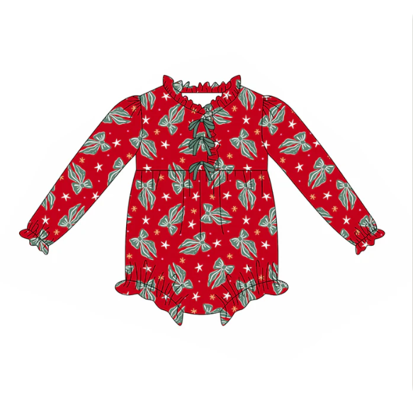 7.31y (moq 5)Baby Infant Girls Green Bows Stars Plaid Ruffle Christmas Rompers