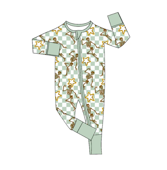 7.31y (moq 5)Baby Infant Boys Long Sleeves Aqua Plaid Skull Stars Halloween Zipper Rompers