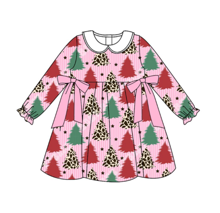GLD1242  8.1y pre order Cow Pattern Christmas Tree Star Bowknot Doll Collar Pink Striped Long Sleeve Dress