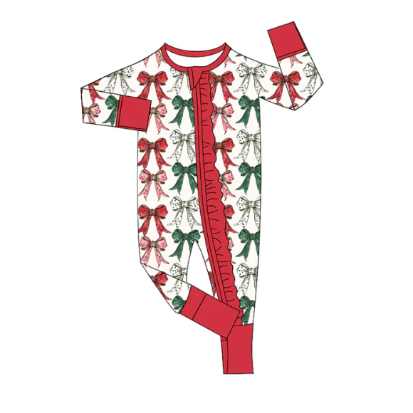 8.5y (moq 5)Baby Infant Boys Long Sleeves Green Red Bows Christmas Zipper Rompers