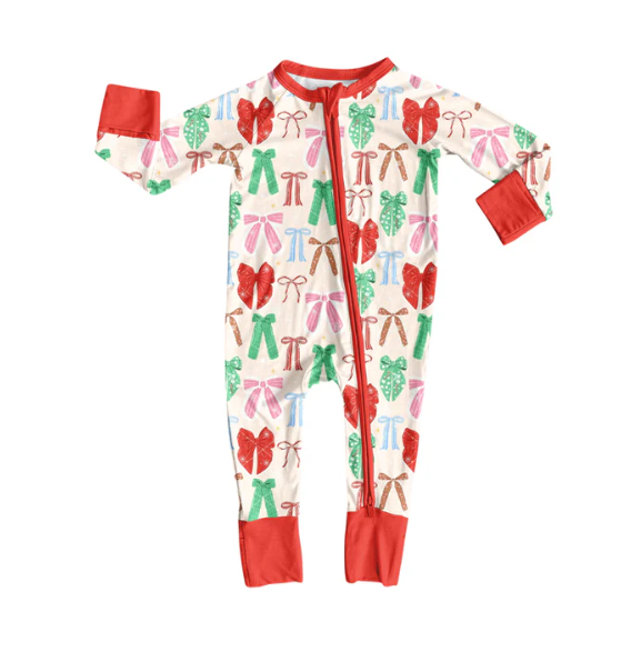 8.5y(moq 5)Baby Infant Boys Long Sleeves Green Red Bows Christmas Zipper Rompers