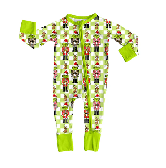 8.5y (moq 5)Baby Infant Boys Long Sleeves Green Face Soldiers Plaid Christmas Zipper Rompers