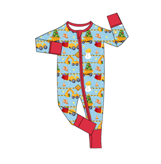 8.5y (moq 5)Baby Infant Boys Long Sleeves Christmas Trees Excavators Zipper Rompers