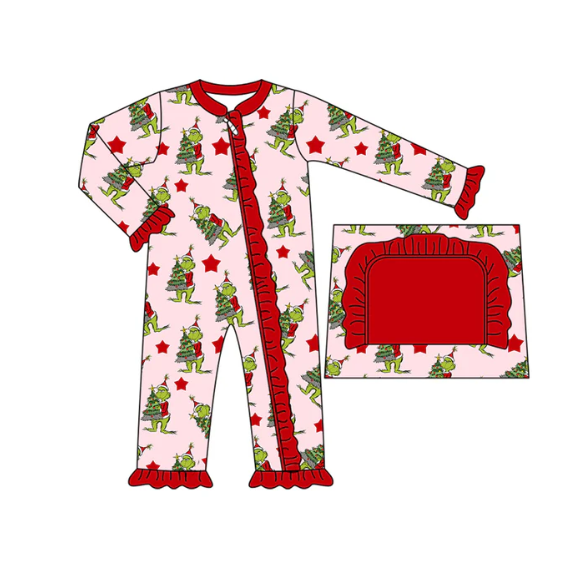 8.5y (moq 5)Baby Infant Girls Christmas Trees Green Face Ruffle Zipper Rompers
