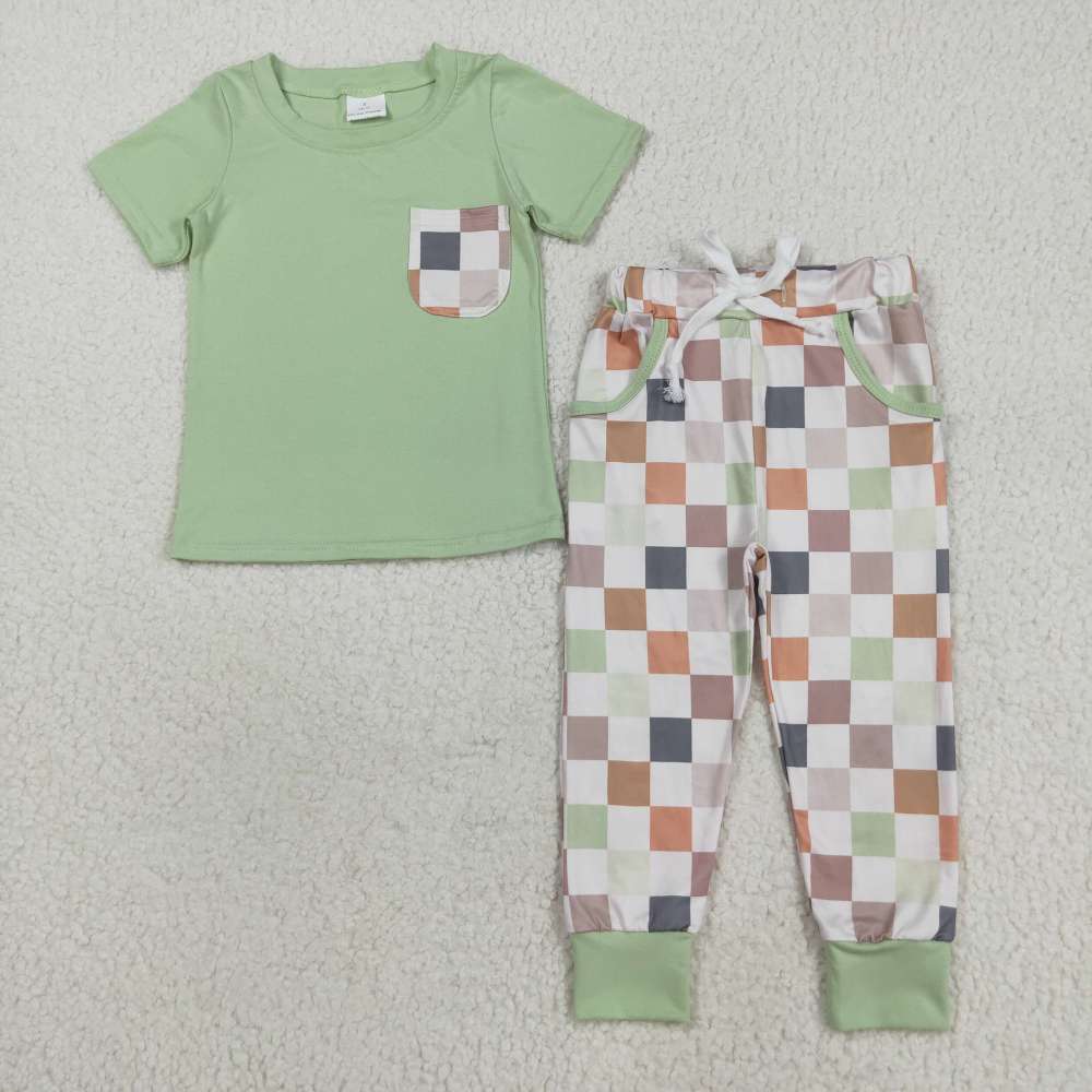 BSPO0576  8.6y Green short-sleeved trousers suit with colorful plaid pockets
