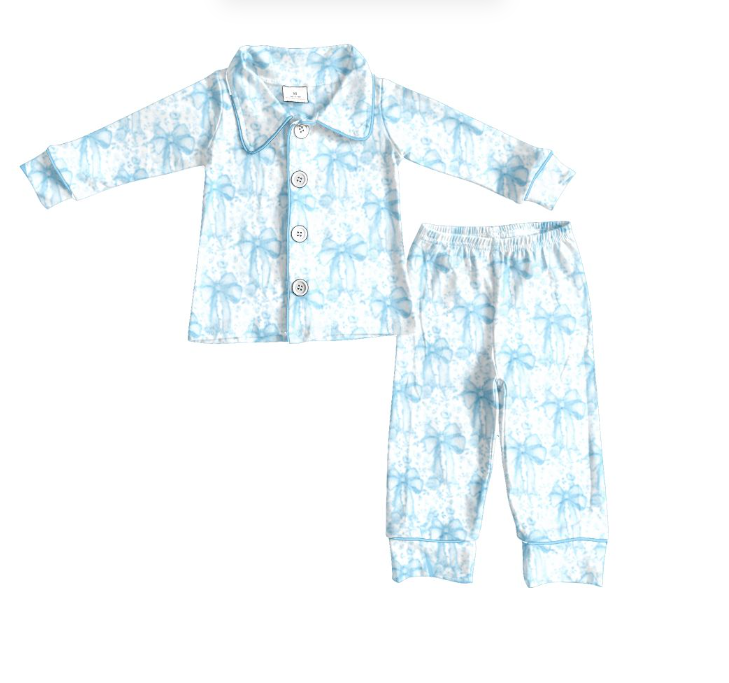 GLP2667  8.6y pre order Blue and white long-sleeved trousers pajama set with floral bow pattern