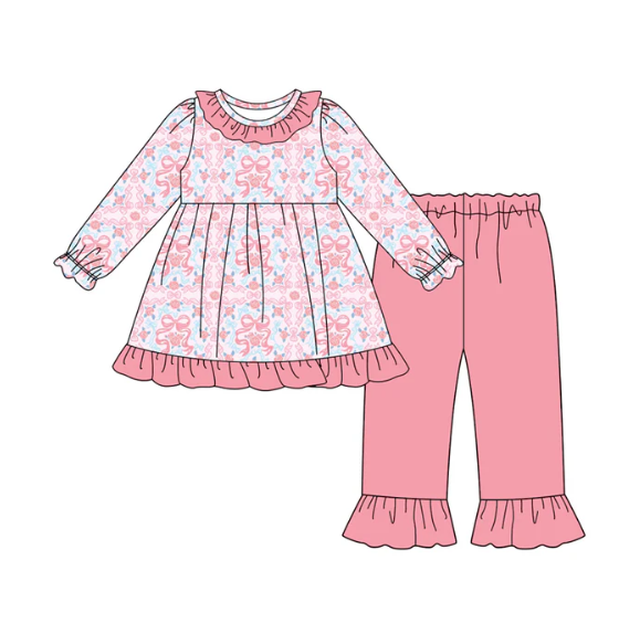 8.7y  (moq 5)Baby Girls Pink Bows Floral Plaid Tunic Ruffle Pants Set