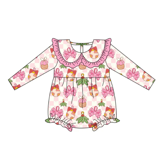 8.7y (moq 5)Baby Girls Long Sleeves Pink Bows Lights Holly Plaid Ruffle Romper