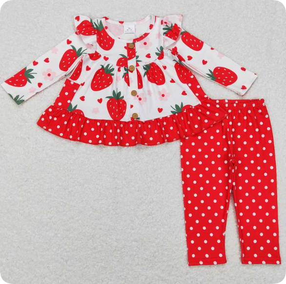 GLP0892  8.9y Strawberry Heart Flower Pocket Long Sleeve Red Trousers Suit