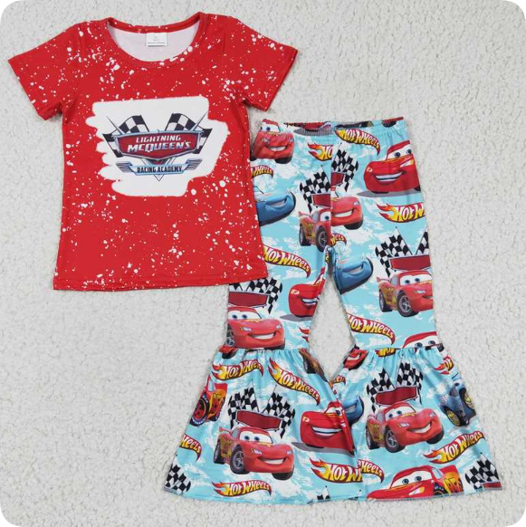GSPO0111  8.9y Girls Cars Red Short Sleeve Long Pants Suit
