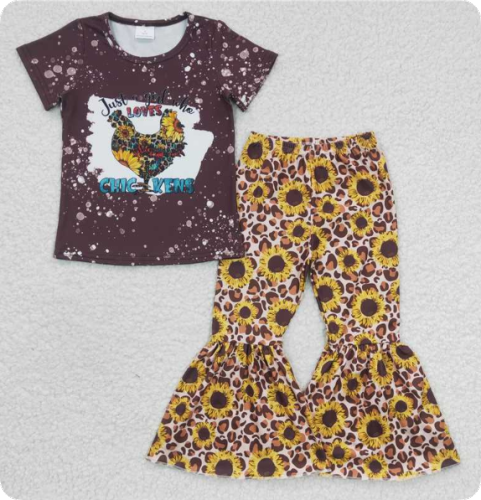 GSPO0370  8.9y Girls CHIC KENS Rooster Sunflower Short Sleeve Pants Set