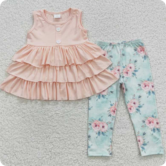 GSPO0697  8.9y Solid Color Lace Sleeveless Top and Floral Pants Set