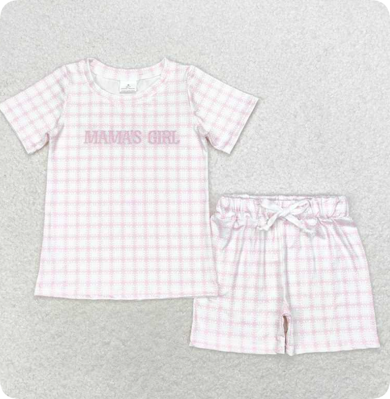 GSSO1236  8.9yMama's girl embroidered plaid pink and white short-sleeved shorts set