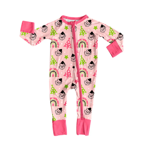 8.9y  (moq 5)Baby Girls Pink Christmas Trees Green Face Zipper Footie Rompers