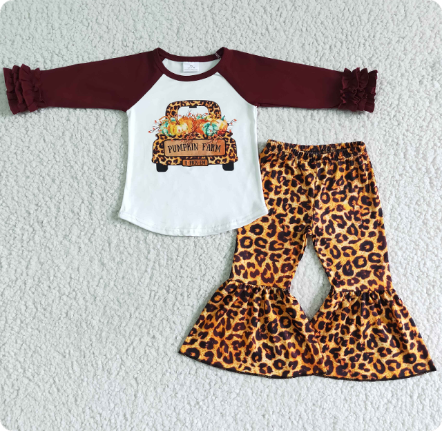 6 C8-37  8.9y Pumpkin Carriage Lace Long Sleeve Leopard Print Pants