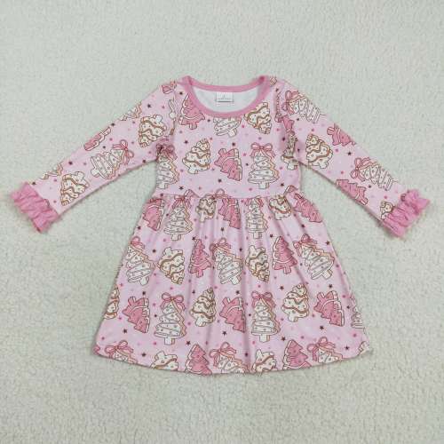 GLD1124  8.12y  Pink long-sleeved dress with Christmas tree cookie bow pattern