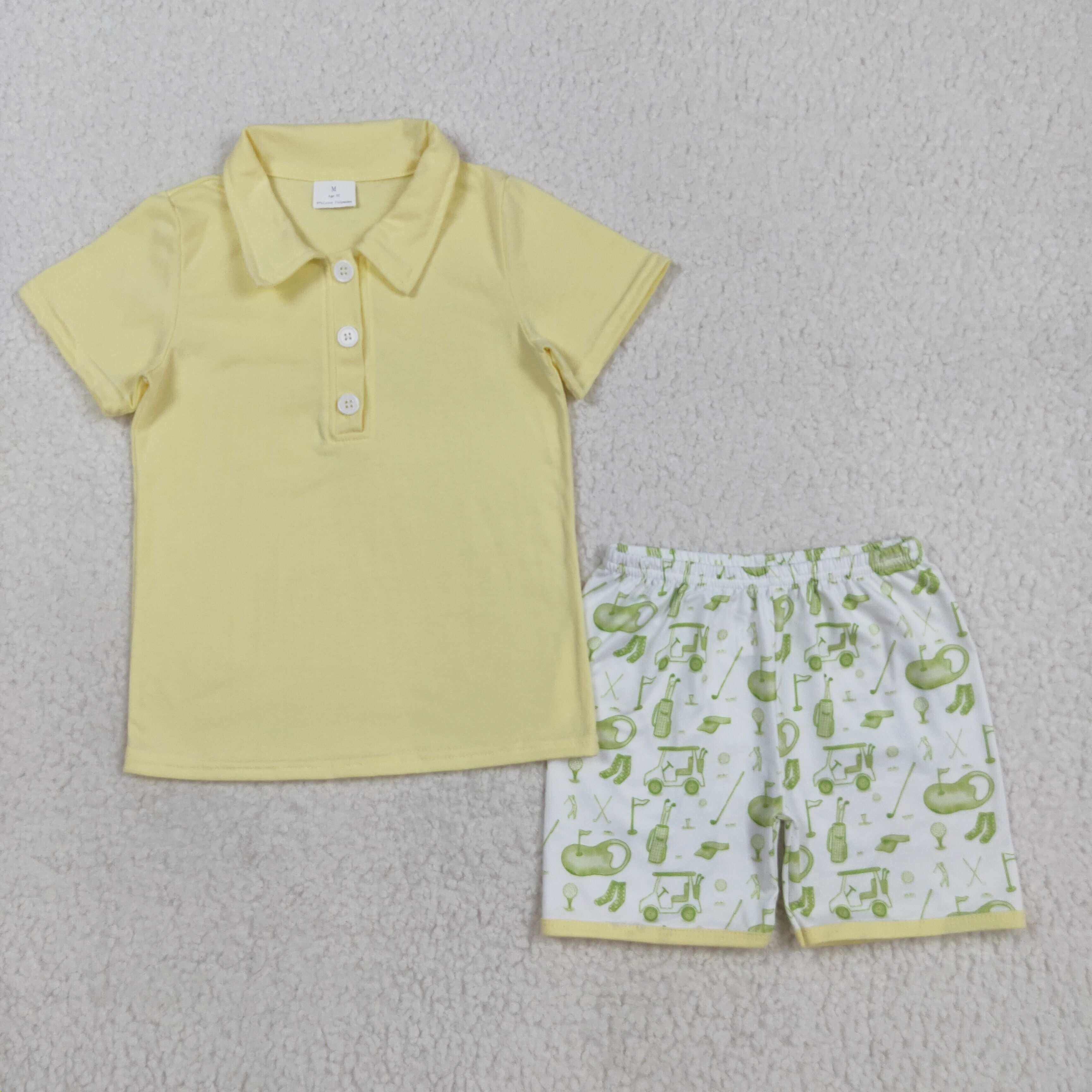 BSSO1546  8.12y Solid Yellow Button Short Sleeve Golf Shorts Set