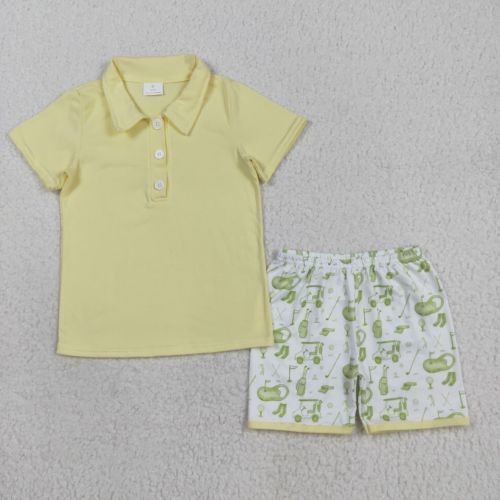 BSSO1546  8.12y Solid Yellow Button Short Sleeve Golf Shorts Set