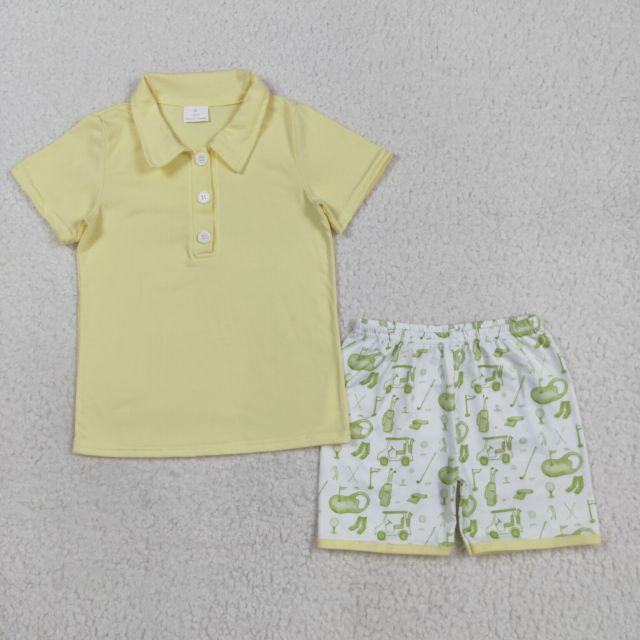 BSSO1546  8.12y Solid Yellow Button Short Sleeve Golf Shorts Set
