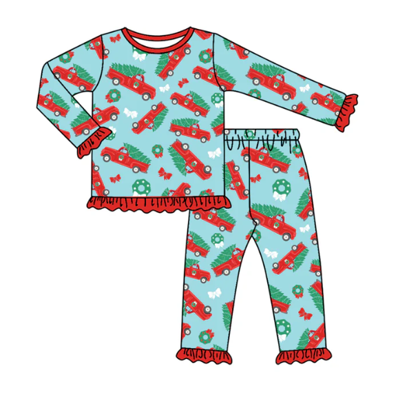 8.12y Preorder(moq 5) Baby Girls Christmas Trucks Bows Top Pants Lounge Wear Pajamas Sets