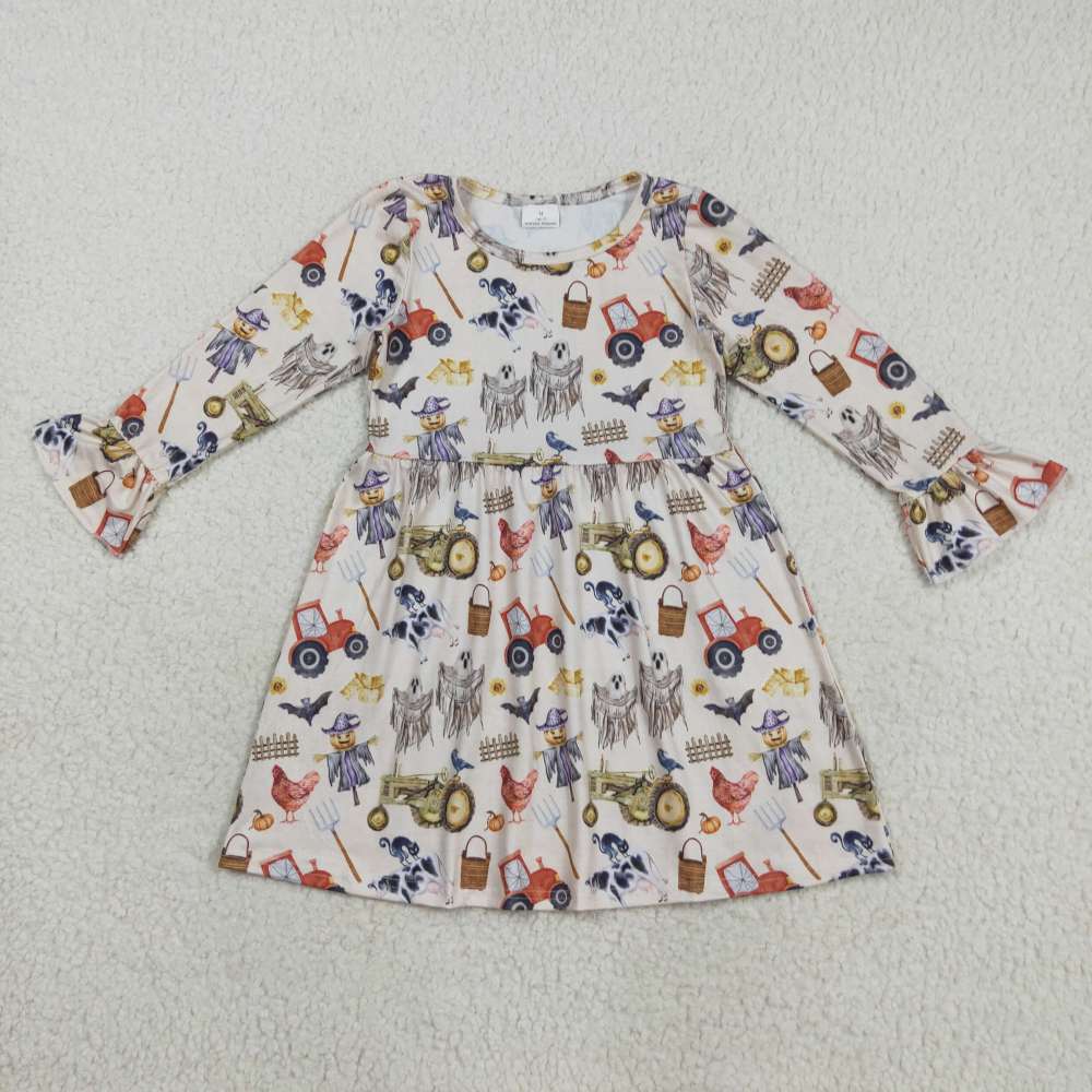 GLD1196 8.13y  Halloween Ghost Farm Animals Tractor Long Sleeve Dress