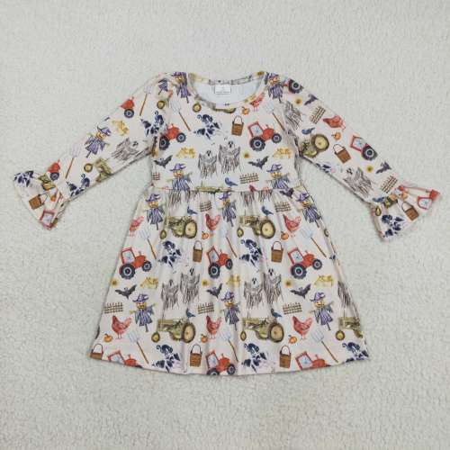 GLD1196 8.13y  Halloween Ghost Farm Animals Tractor Long Sleeve Dress