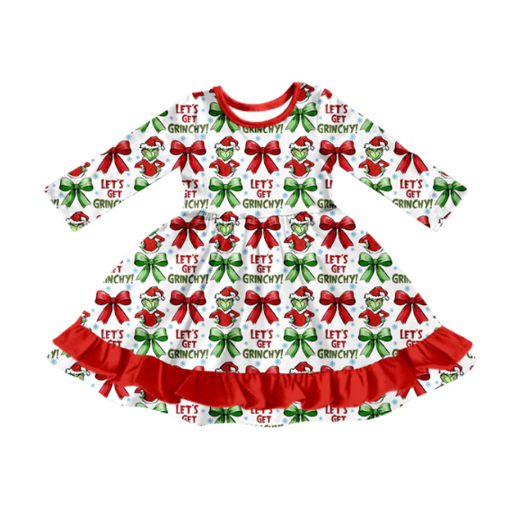 8.13y  (moq 5)Baby Girls Christmas Let's Go Frog Ruffle Knee Length Dresses