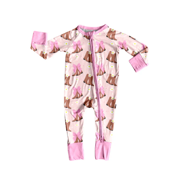 8.13y (moq 5)Baby Girls Western Boots Bows Zipper Footie Rompers