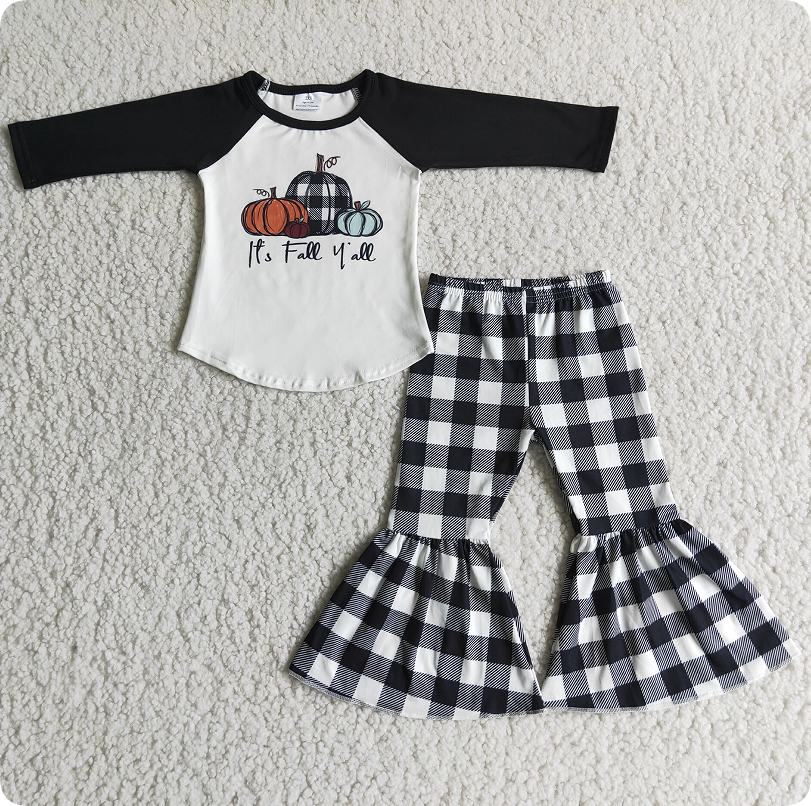 6 A9-29  8.16Y Pumpkin Black Long Sleeve Plaid Flared Pants Suit