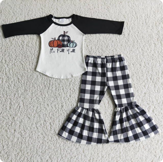 6 A9-29  8.16Y Pumpkin Black Long Sleeve Plaid Flared Pants Suit