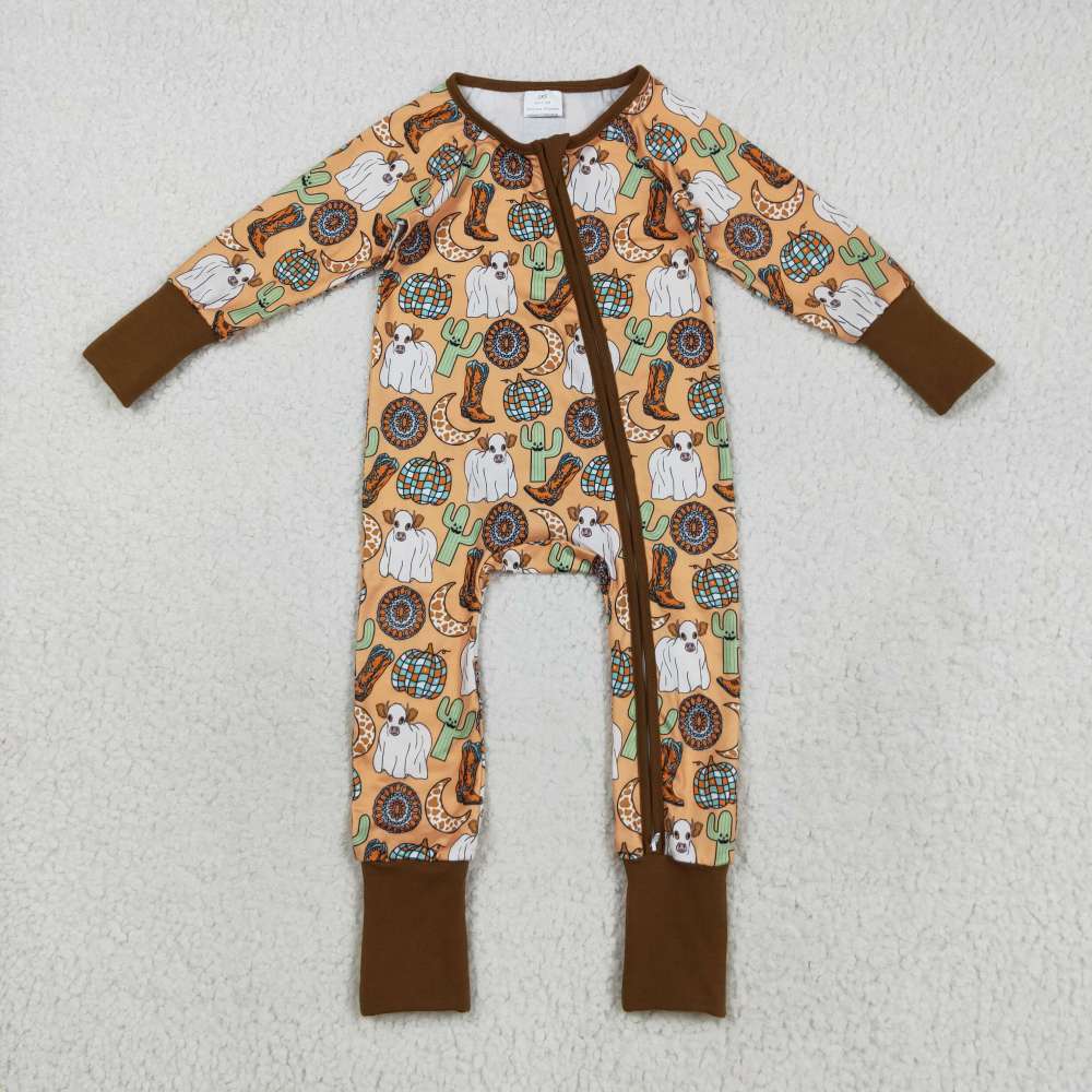 LR2463  8.21y  Halloween Cow Cactus Boots Moon Pumpkin Brown Zipper Long Sleeve Bodysuit