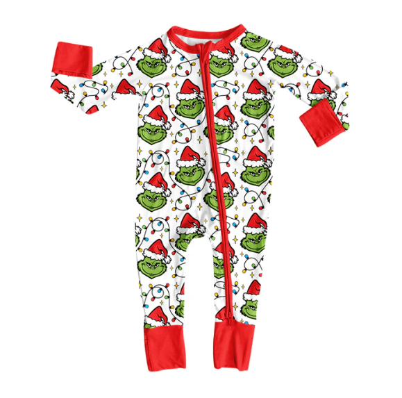 8.21 y  (moq 5)Baby Infant Boys Grin Frog Christmas Zipper Footie Rompers