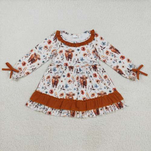 GLD0784  8.23y  Baby Girls Western Flowers Highland Cow Knee Length Dresses