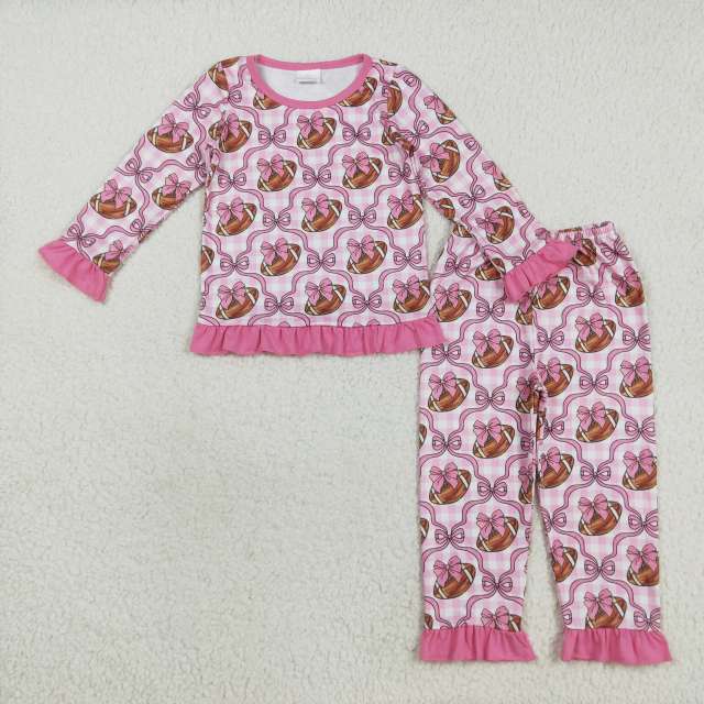 GLP2535  8.23y Rugby Bow Pattern Pink Lace Plaid Long Sleeve Pants Pajama Set