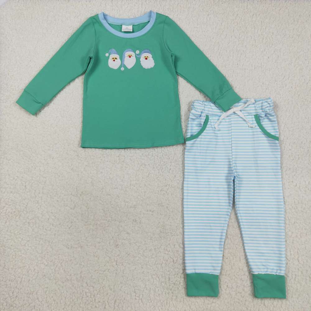 BLP1168  8.23y Embroidery Santa Baby Boys Green Top Stripe Pockets Legging Christmas Set