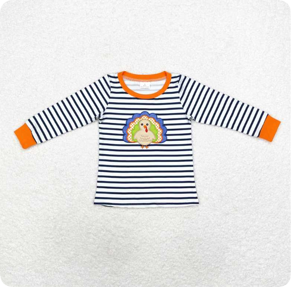 BT0818  8.23y  Embroidered turkey navy striped long-sleeved top