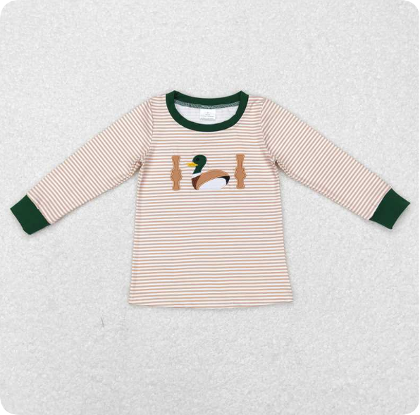 BT0418  8.23y  Embroidered Duck Light Brown Striped Long Sleeve Top