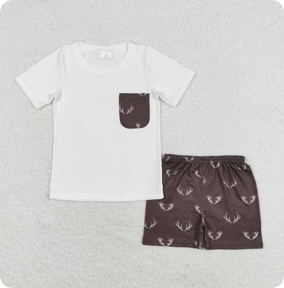 SSO0896  8.25y Deer horn pocket beige short-sleeved brown shorts suit