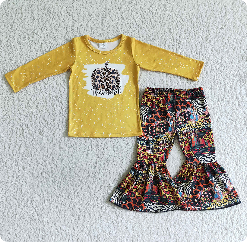 6 A3-16   8.25Y Halloween Pumpkin Yellow Long Sleeve Flared Pants Suit