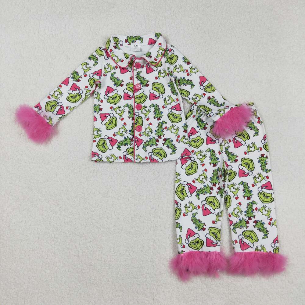 GLP2647  8.29y Christmas Tree Rose Red Plush Trim White Long-Sleeved Pants Pajama Set