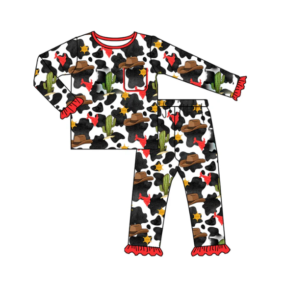 8.29y (moq 20)Baby Girls Bamboo Western Black Cow Cactus Top Pants Pajamas Sets