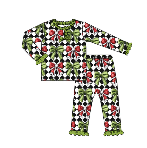8.30y (moq 20)Baby Girls Bamboo Black Checked Green Red Bows Button Christmas Pajamas Sets