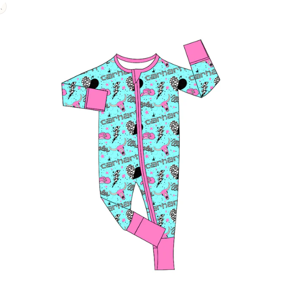 8.30y (moq 20)Baby Girls Bamboo Western Cow Hearts Zippy Footie Rompers