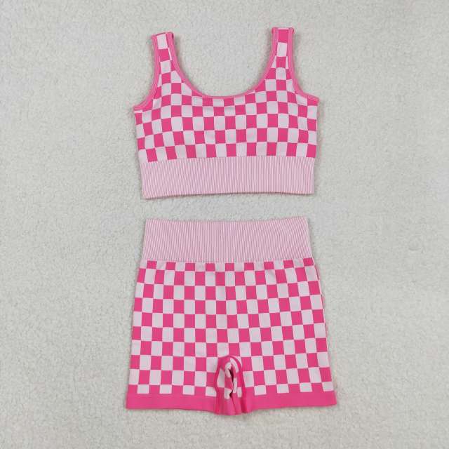 GT1190 9.1y  Adult women's pink and white checkered suit, knitted material
