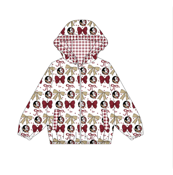 9.1y (moq 5)Baby Girls Wine FSU Bows Zip Ruffle Hooded Cardigan Jackets Tops