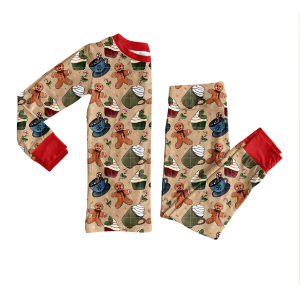 9.1y  (moq 20)Baby Girls Bamboo Christmas Gingerbread Cakes Pajamas Sets