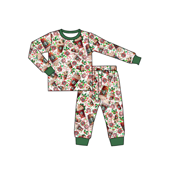 9.2y (moq 5)Baby Kids Christmas Coffee Baseball Green Pants Pajamas Sets
