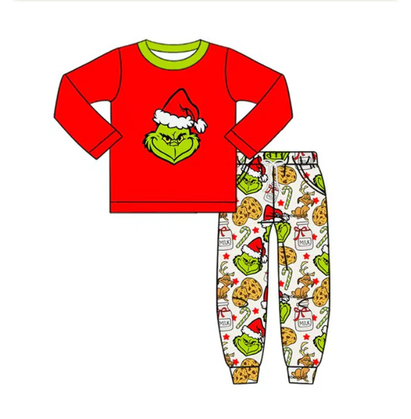 9.2y (moq 5)Baby Boys Christmas Green Face Top Pockets Jogger Pants Clothes Sets