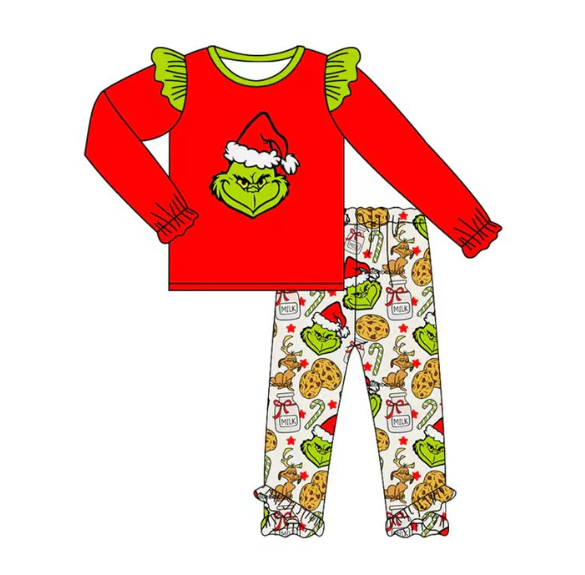 9.2y (moq 5)Baby Girls Christmas Green Face Top Ruffle Leggings Pants Clothes Sets